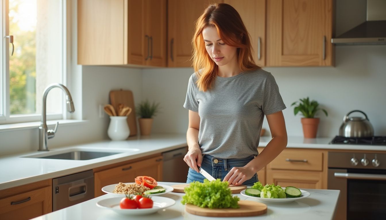 A home cook prepping vegetables and lean protein for a balanced meal.