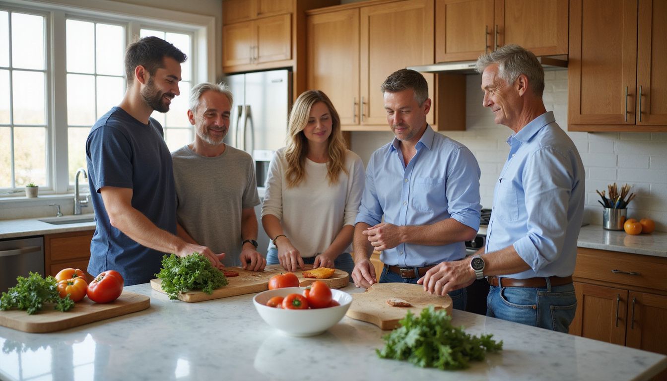 Friends preparing fresh produce together at a kitchen island.