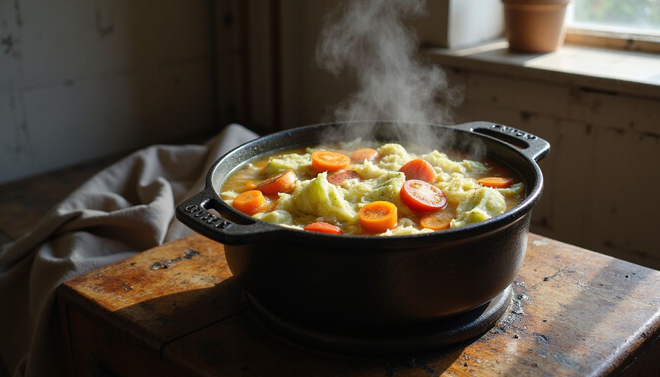 Cabbage soup simmering in a cast-iron pot on a wooden stove.