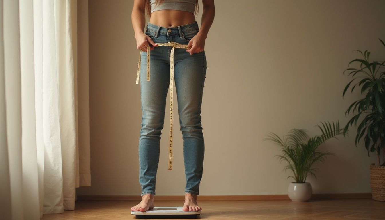 A person checks waist size while standing on a digital scale at home.
