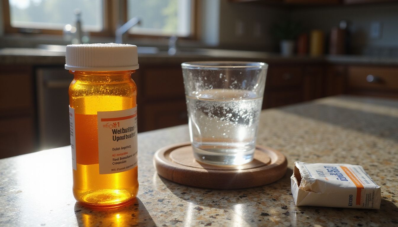Prescription bottle beside a water cup and cigarette pack on a counter.