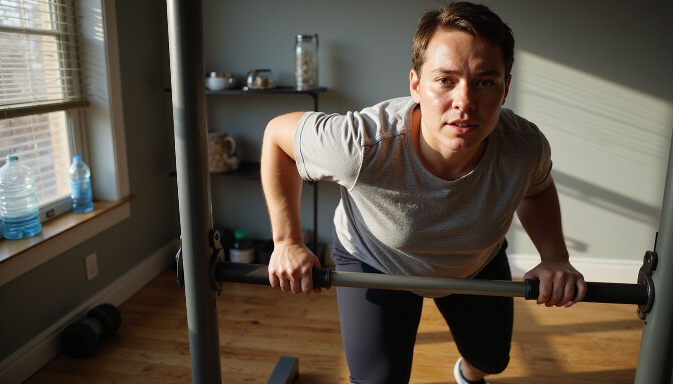 A focused adult exercising in a compact home gym setting. A focused adult exercising in a compact home gym setting.