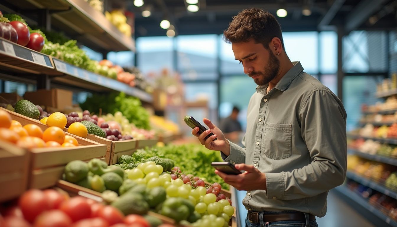 A shopper picks colorful produce while tracking calories in a mobile app. A shopper picks colorful produce while tracking calories in a mobile app.