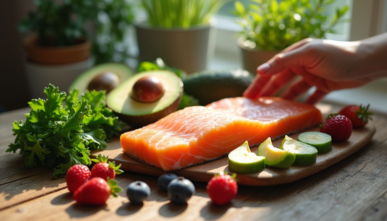 Assorted fat-burning foods like leafy greens, berries, and fish on a wooden surface. Assorted fat-burning foods like leafy greens, berries, and fish on a wooden surface.