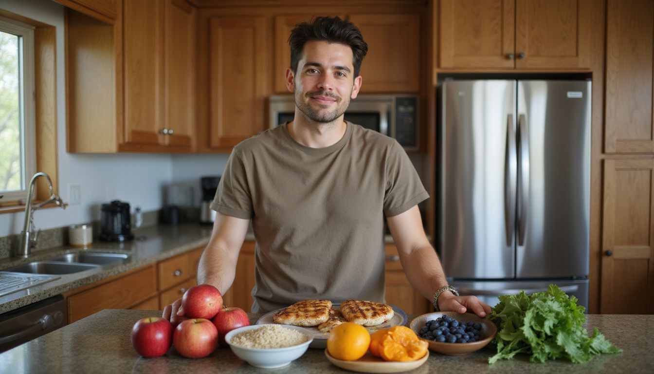 Person cooking a balanced meal with vegetables and grains in a cozy kitchen. Person cooking a balanced meal with vegetables and grains in a cozy kitchen.