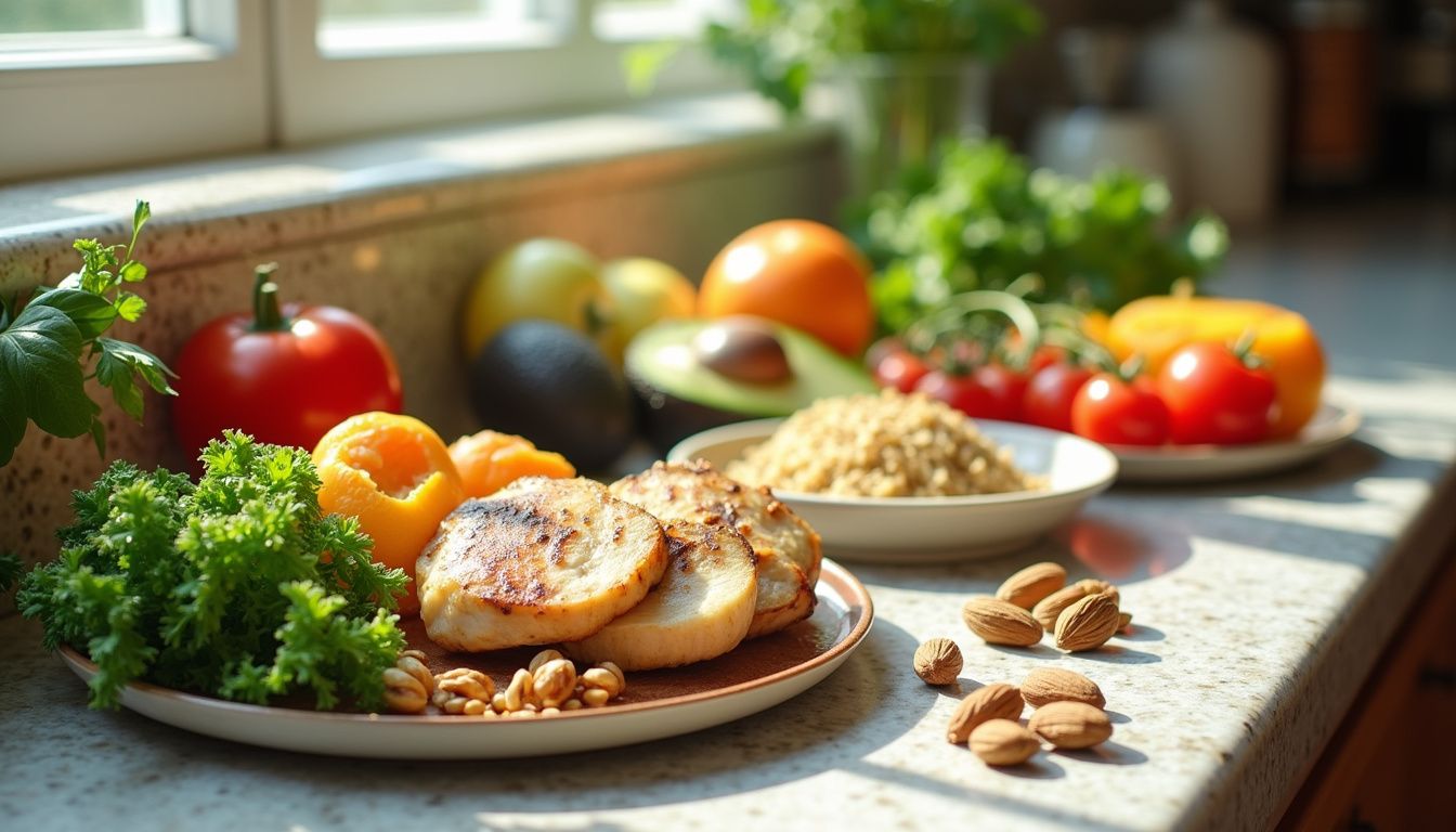 Kitchen counter with bowls of vegetables, grains, and lean protein set for meal prep.
