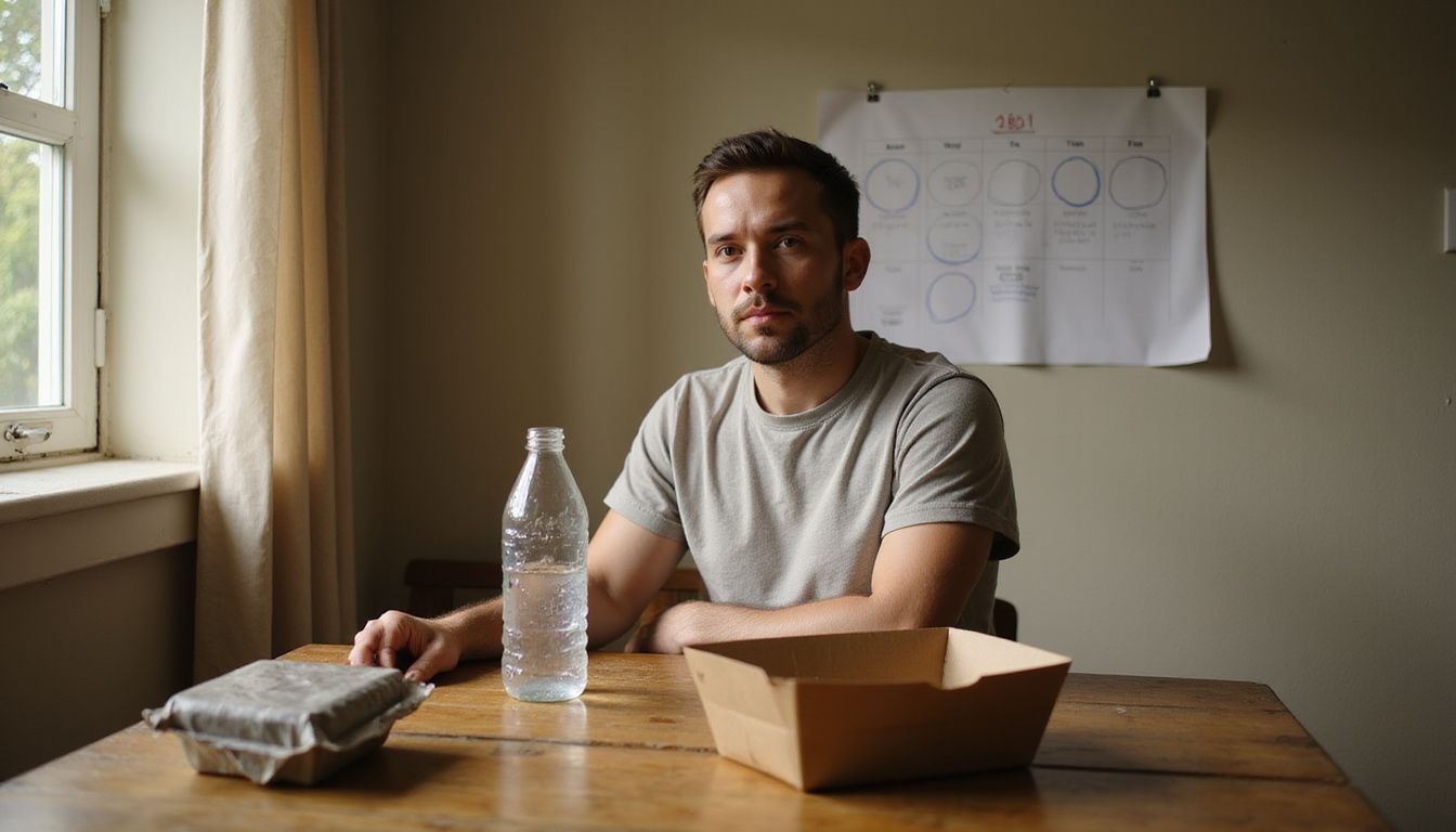 Person at a kitchen table during a fast, reflecting and keeping the space clear of food.