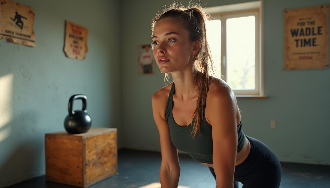 Woman training with determination in a small home gym.