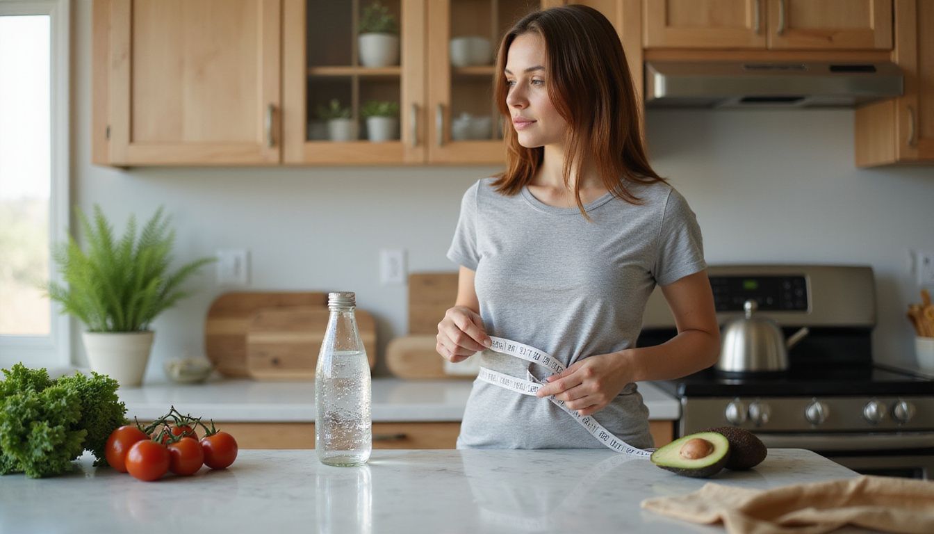 A person measuring their waist near fresh produce in a bright kitchen.