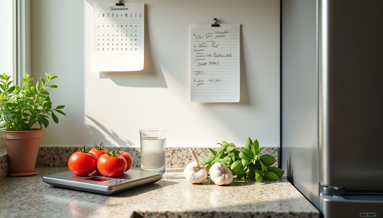 Sunlit counter with fresh produce, measuring cups, and a food scale ready for meal prep. Sunlit counter with fresh produce, measuring cups, and a food scale ready for meal prep.