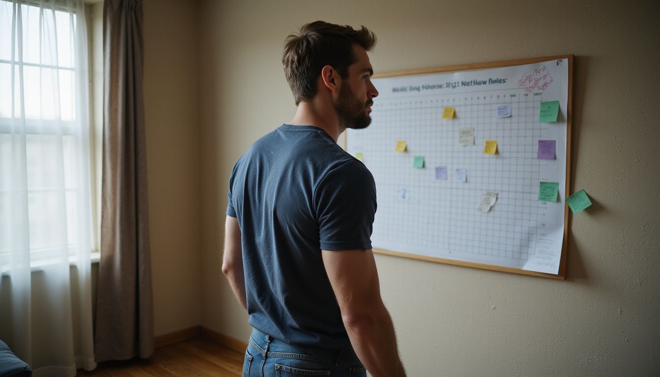 Man reviewing a weight loss progress chart in a comfortable room. Man reviewing a weight loss progress chart in a comfortable room.