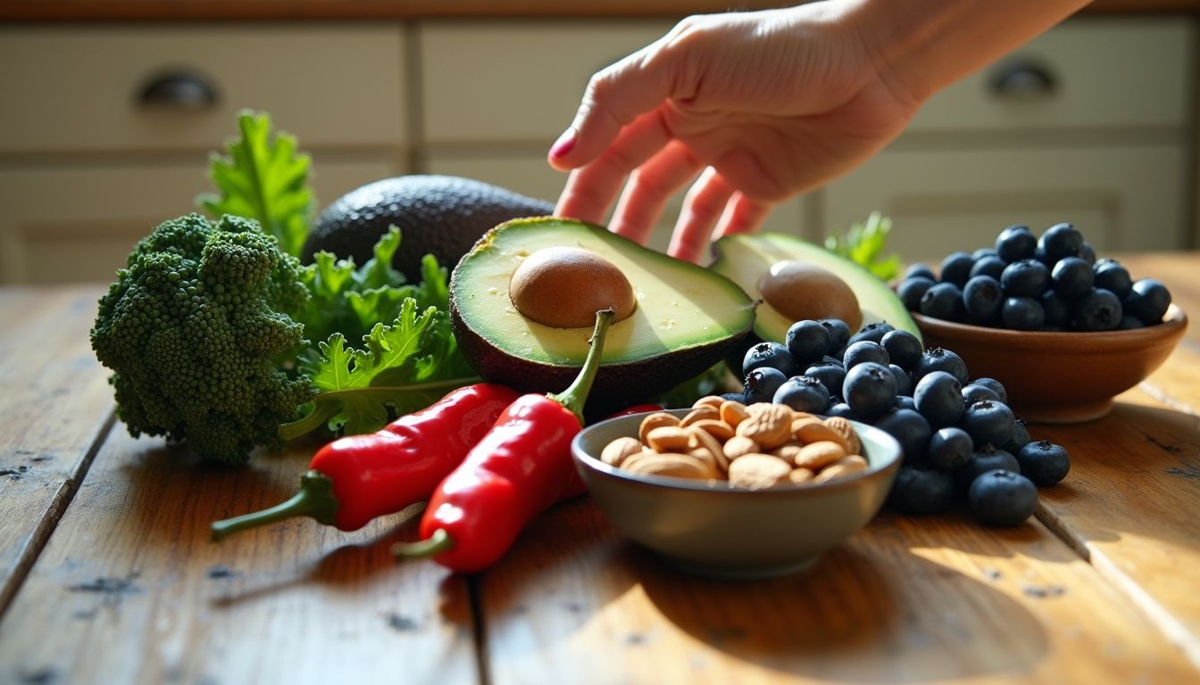 Healthy whole foods arranged on a rustic wooden table.