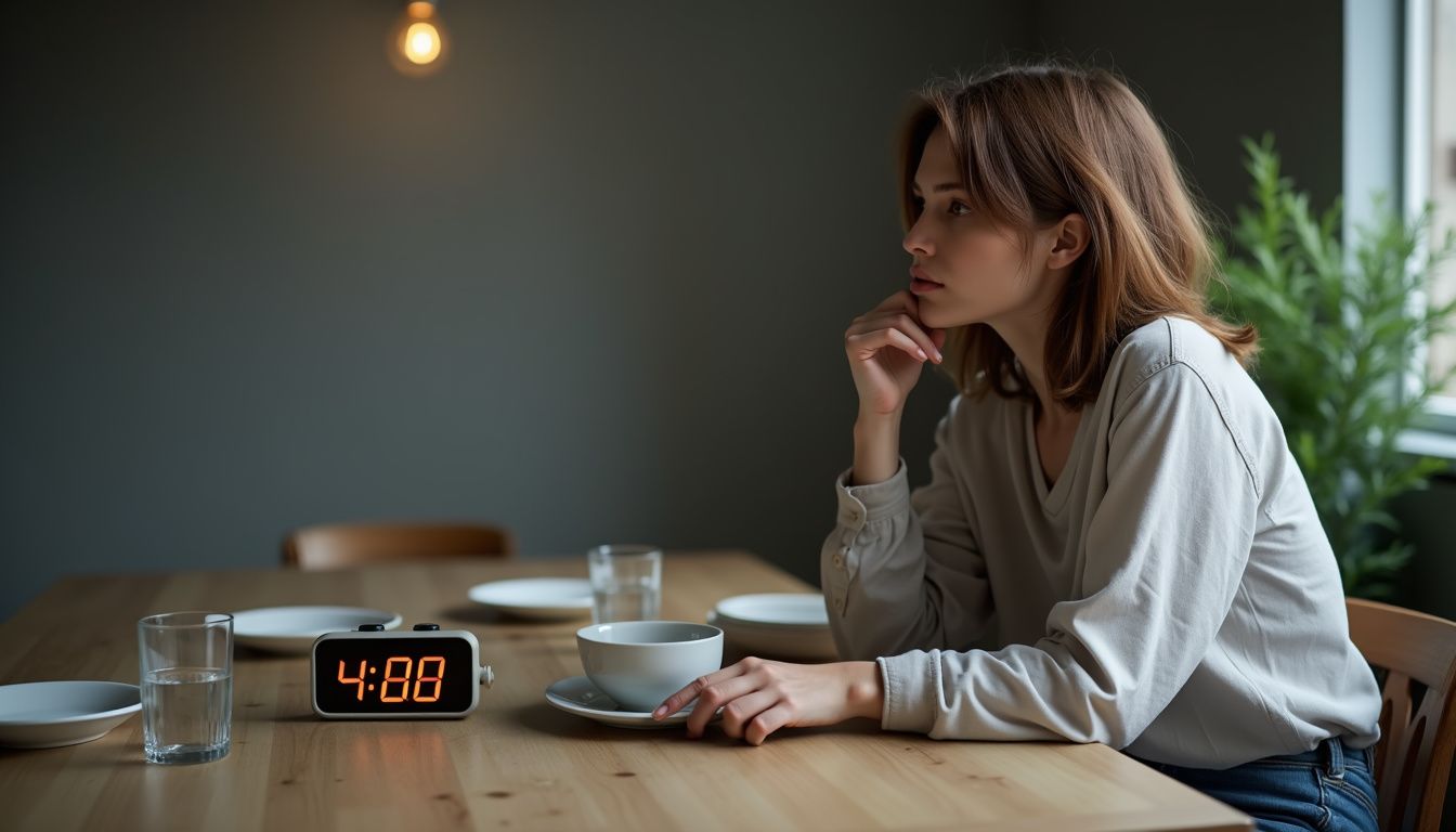Person reflecting at a wooden table after a prolonged fast
