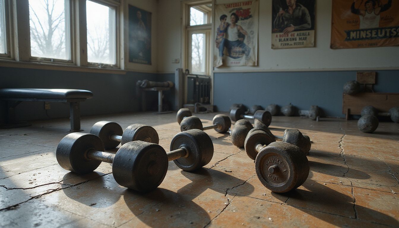 Empty gym with worn equipment and fading posters, suggesting intense past training.