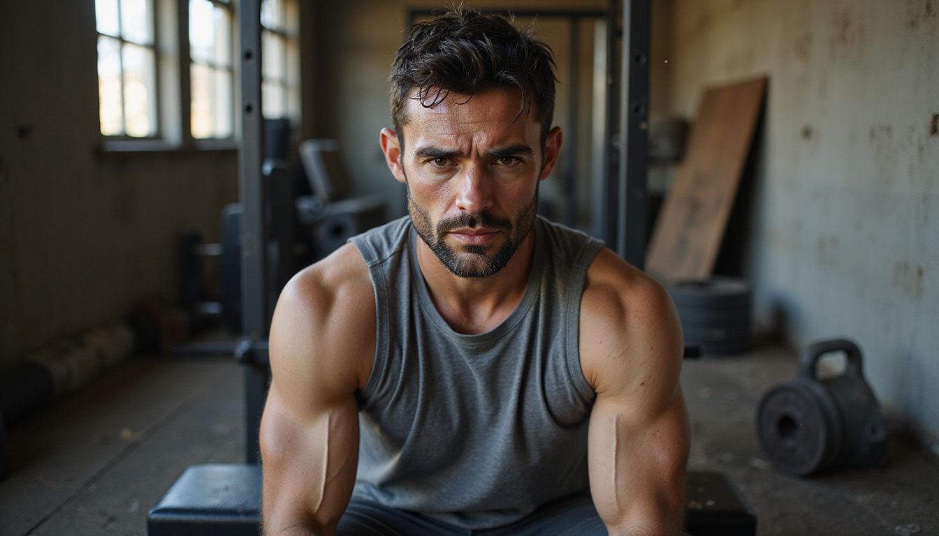 Determined athlete resting after a hard workout in a simple gym setting.