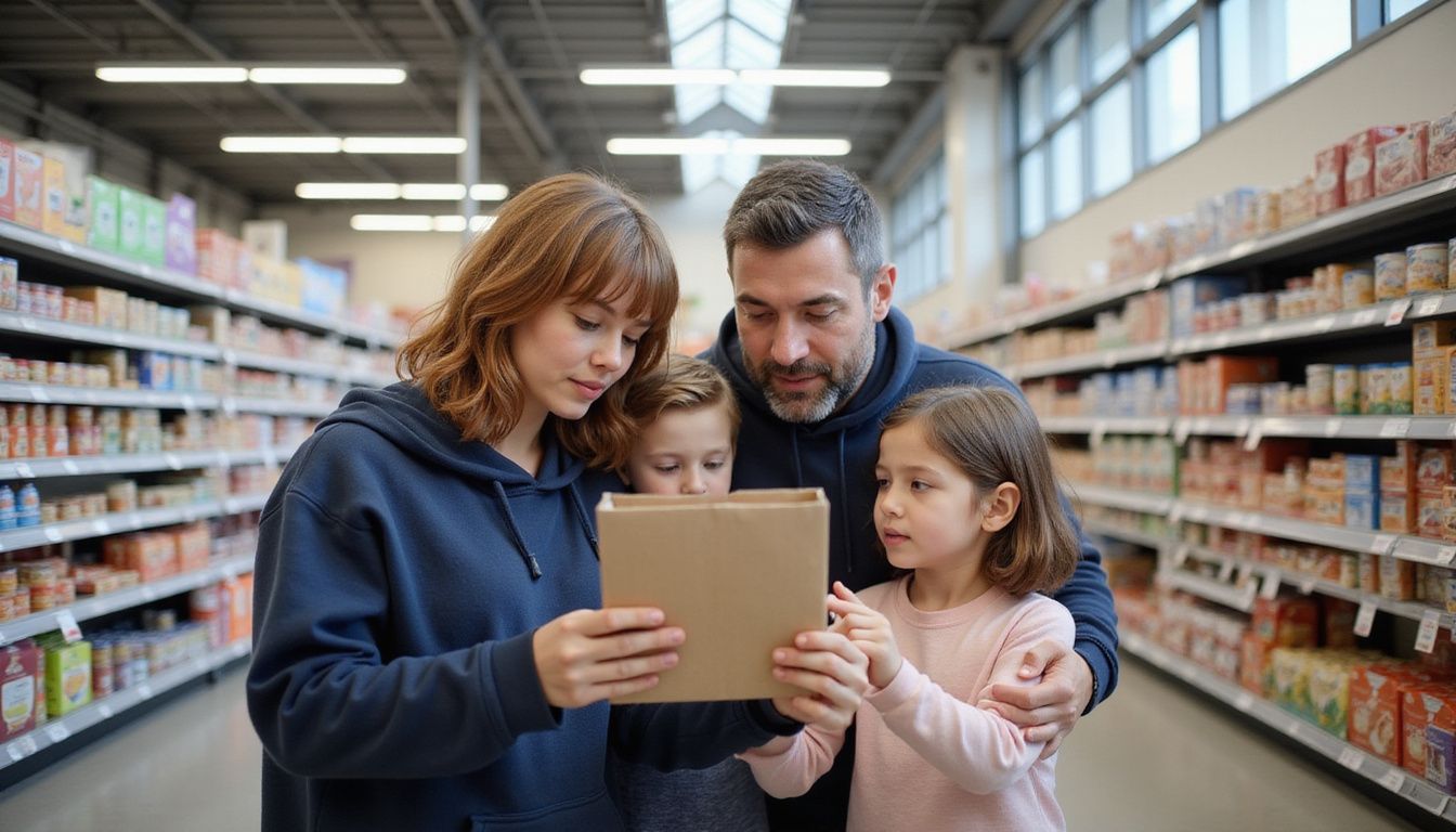 Family comparing labels on cereal boxes while discussing nutrition.