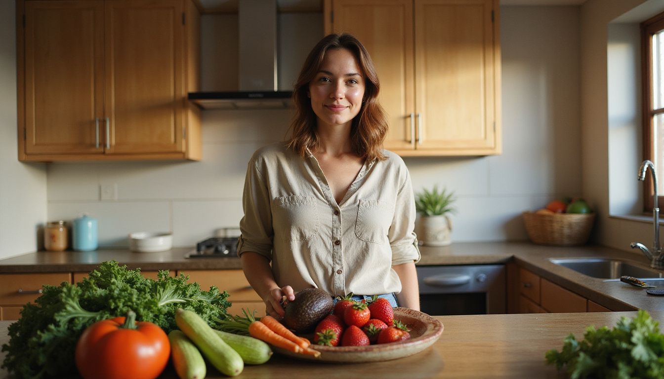 A woman thoughtfully examines fresh fruits and vegetables in a kitchen.