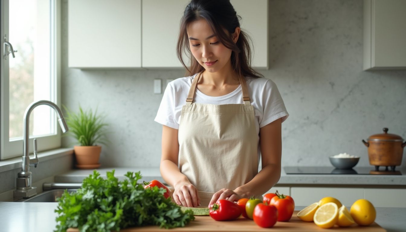 A home cook washing produce at a kitchen sink before preparing meals.