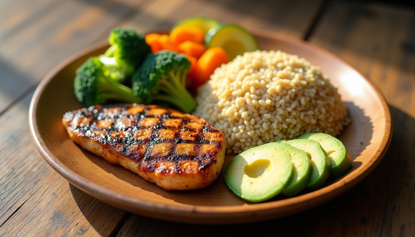 Balanced meal with lean protein, grains, and colorful vegetables on a wooden table.