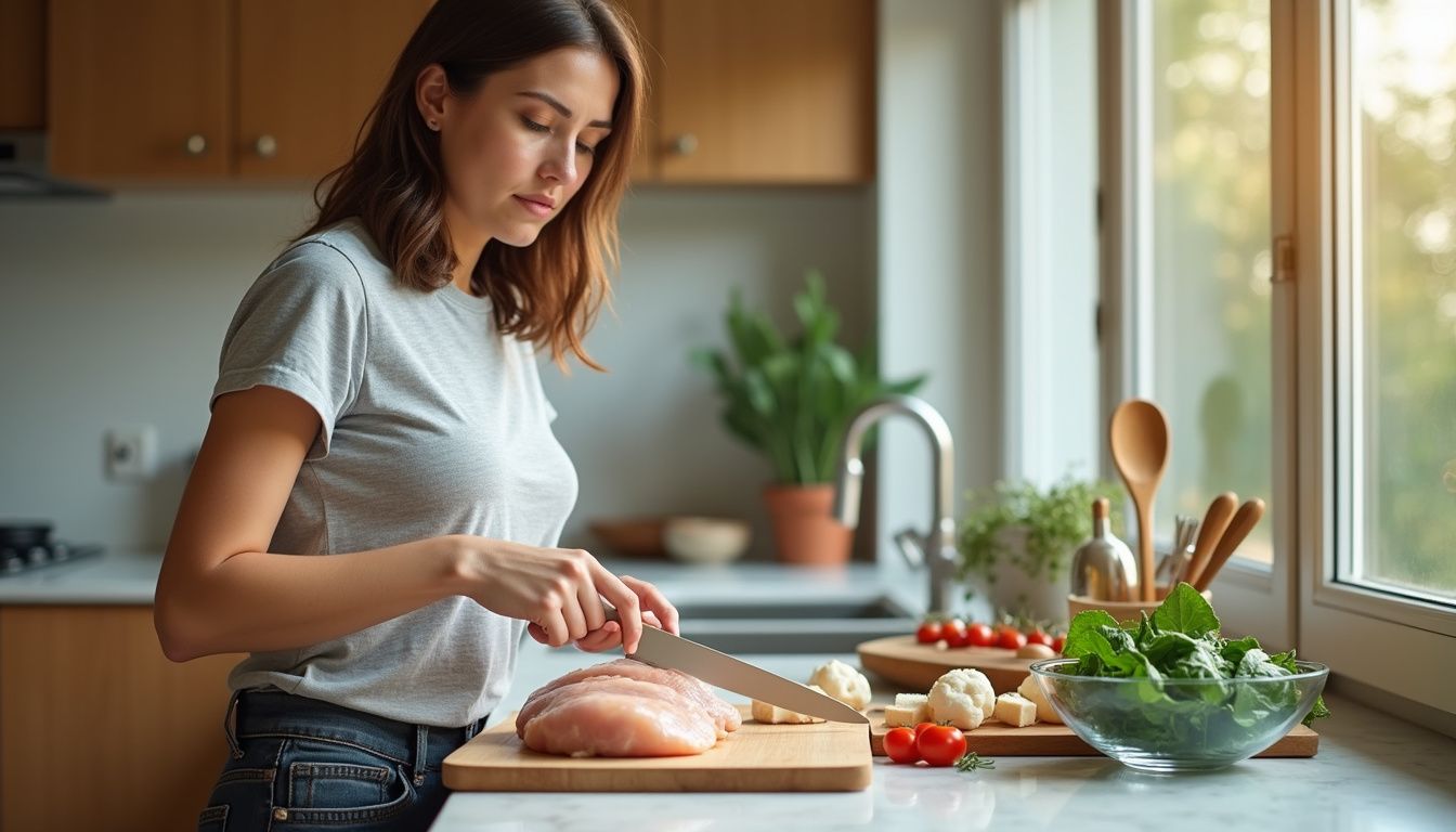 A home cook assembles a high-protein meal with eggs, yogurt, and greens.