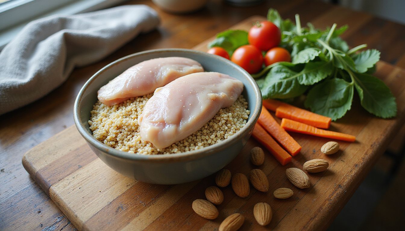 Countertop with cutting board, herbs, tomatoes, and other simple ingredients for a balanced dinner.