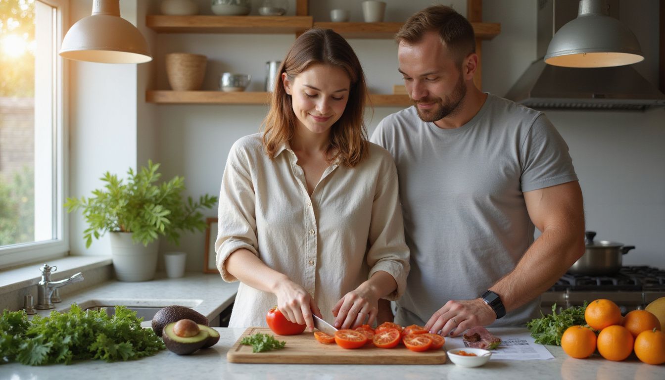 Couple measuring and prepping fresh produce for a weekly meal plan.