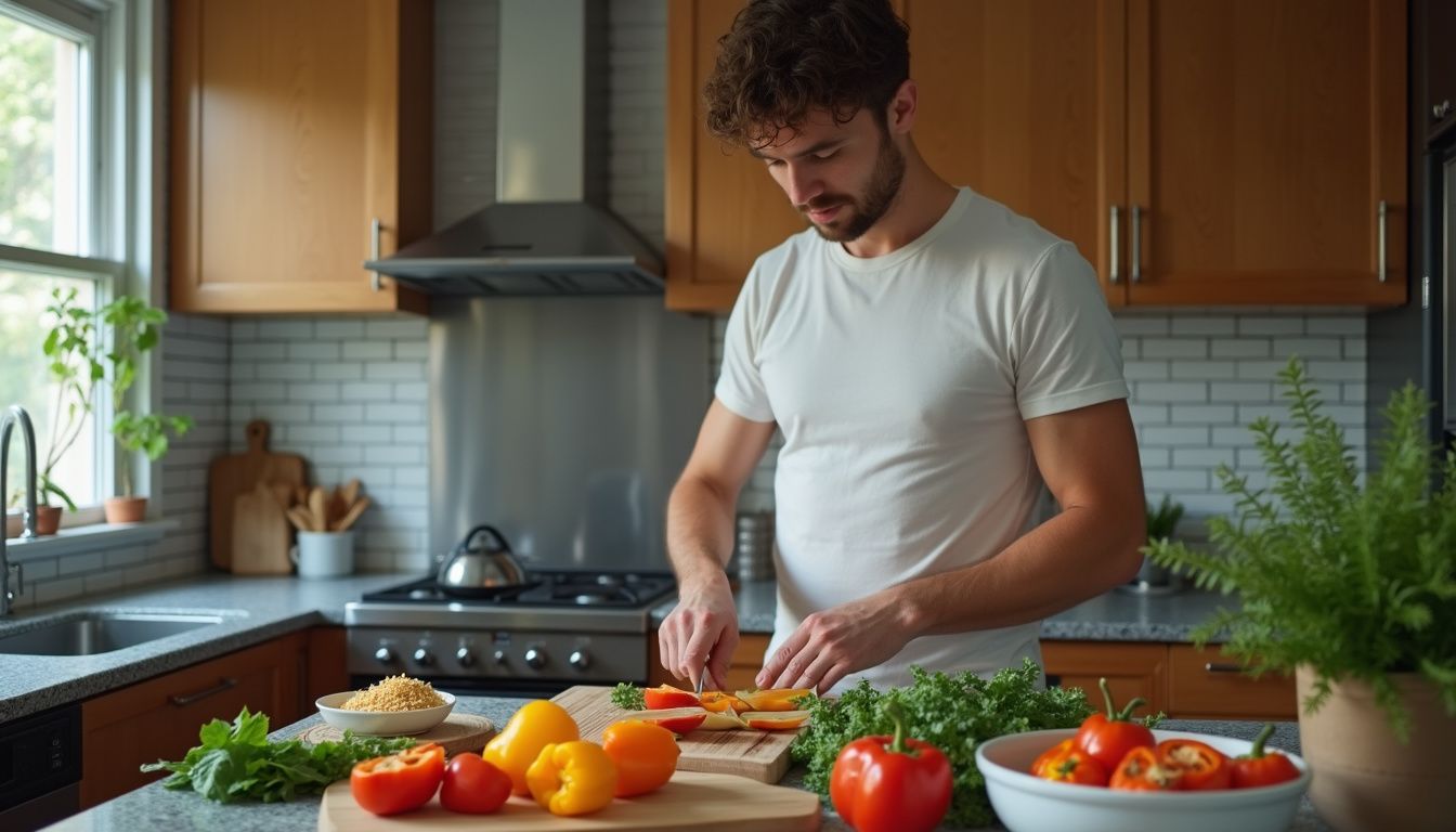 Person meal-prepping balanced dishes with fruits, vegetables, and lean protein.