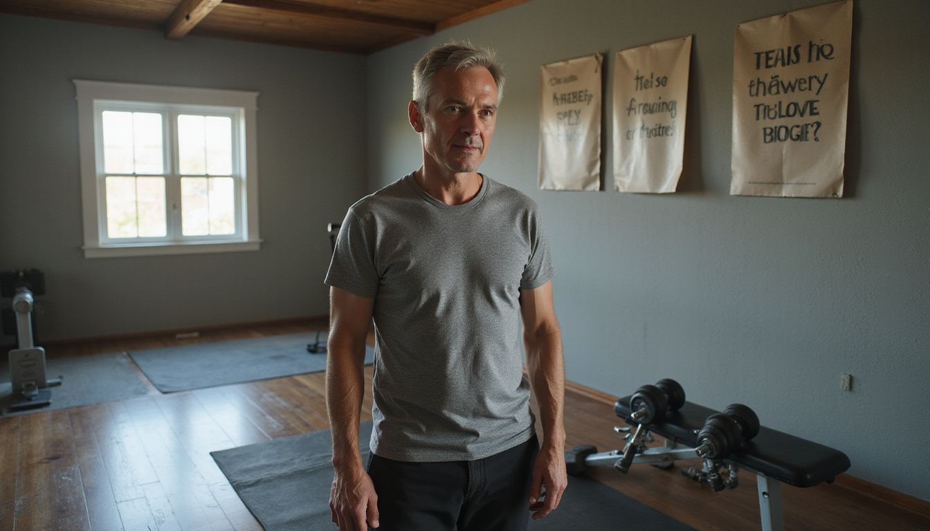 Man showing steady weight loss progress in a small home gym. Man showing steady weight loss progress in a small home gym.