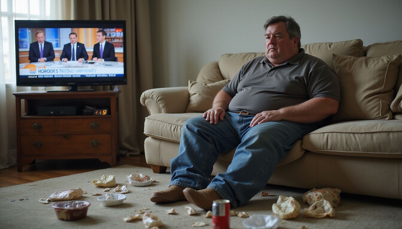 A man slumped on a couch with scattered snacks, showing stress and overeating.