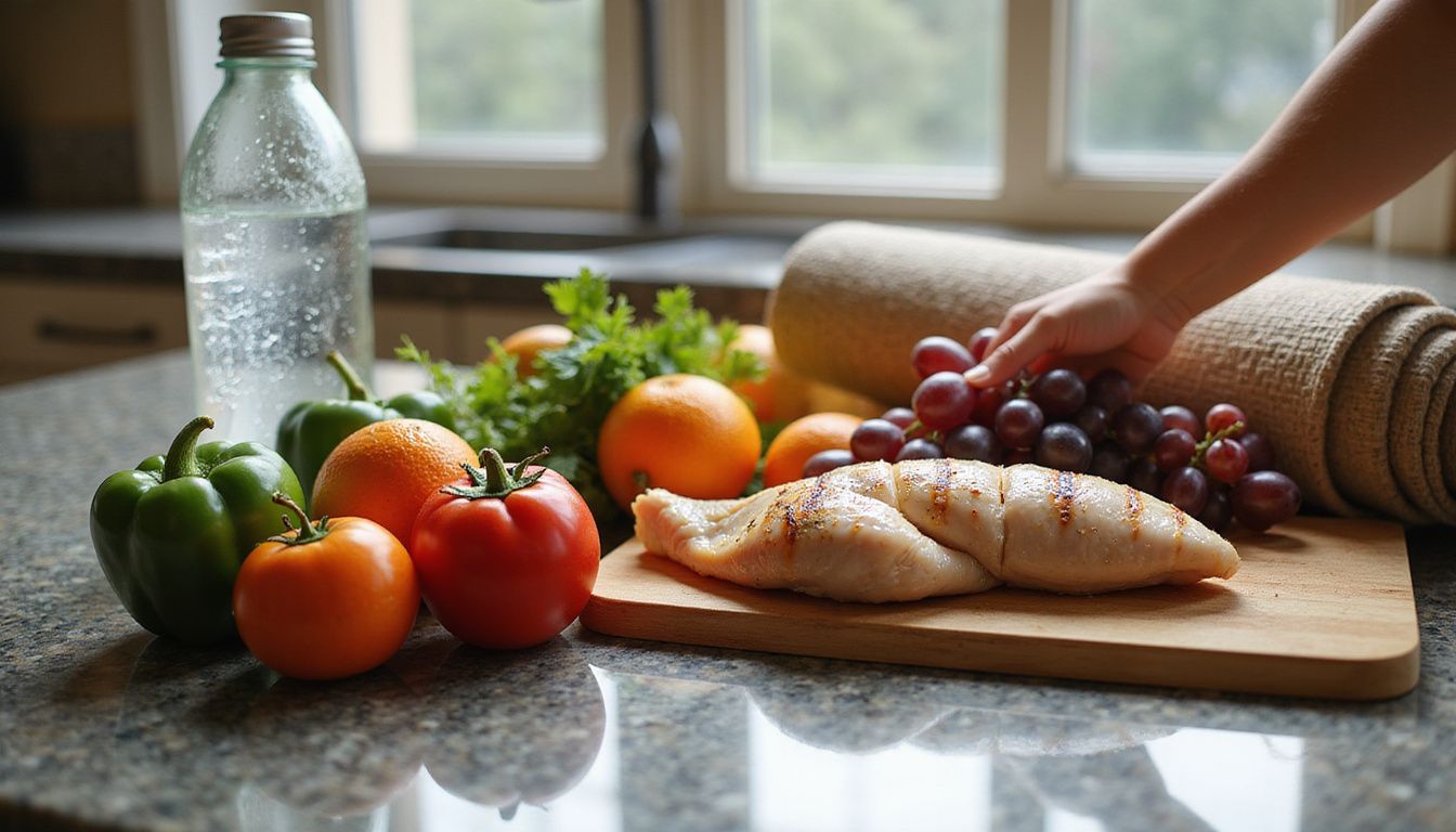 Kitchen counter with fresh vegetables and a chicken breast prepared for a healthy meal.