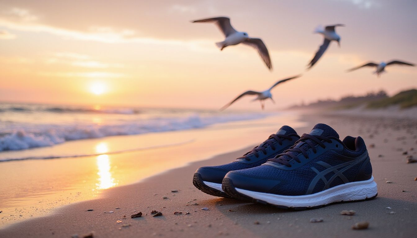 Running shoes on a sunrise beach, suggesting a fresh start and steady progress. Running shoes on a sunrise beach, suggesting a fresh start and steady progress.