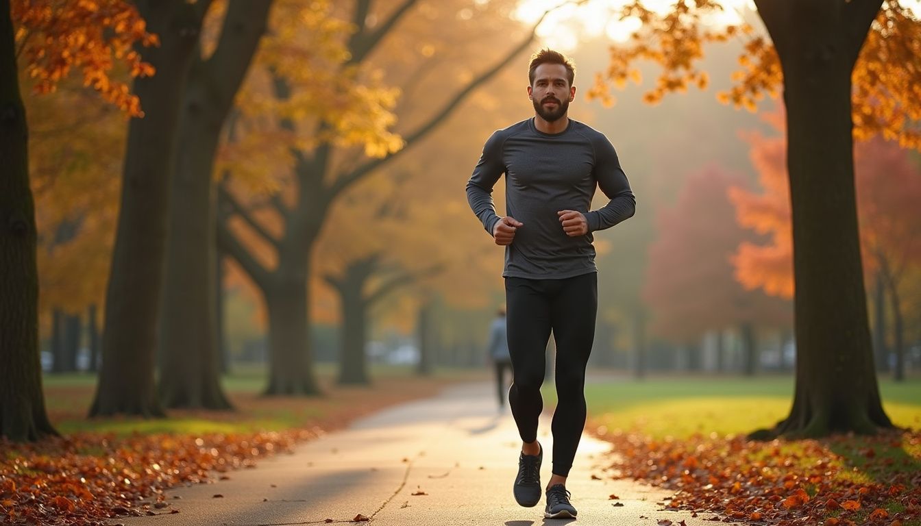 A person jogs along a tree-lined park path covered with fall leaves. A person jogs along a tree-lined park path covered with fall leaves.