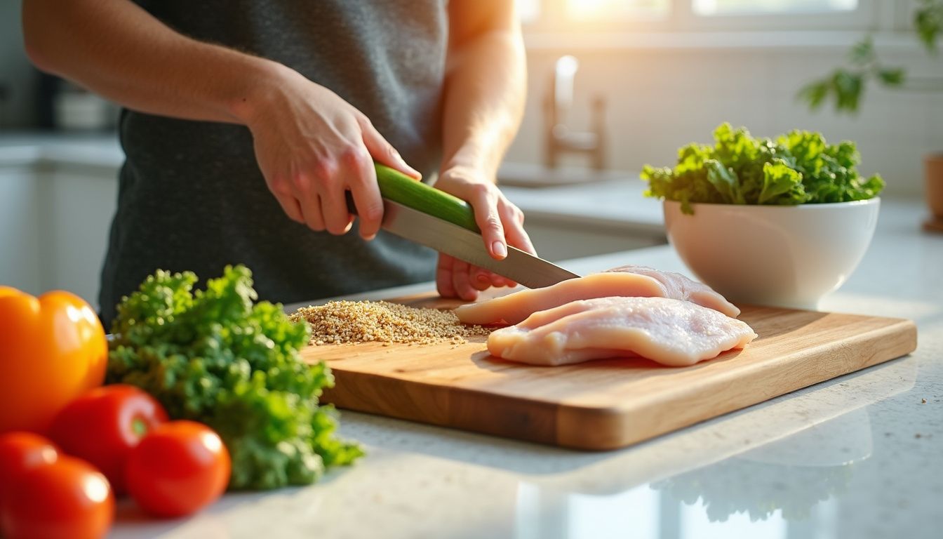 Healthy meal prep with colorful vegetables and lean protein in a home kitchen.