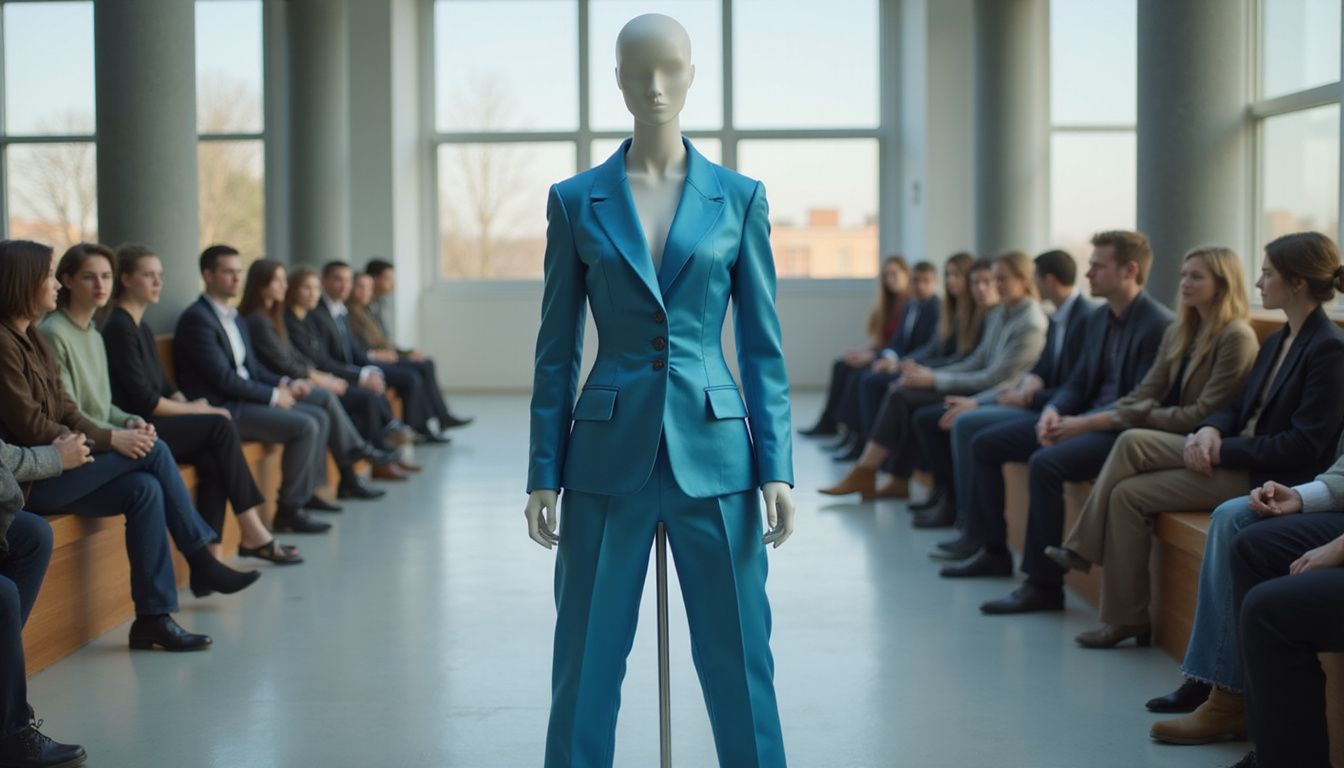 High-fashion display featuring a Dior outfit on a mannequin at a runway venue.