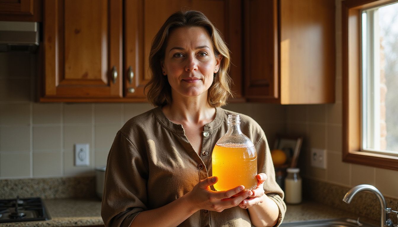 A woman in her kitchen holding a bottle of raw apple cider vinegar.