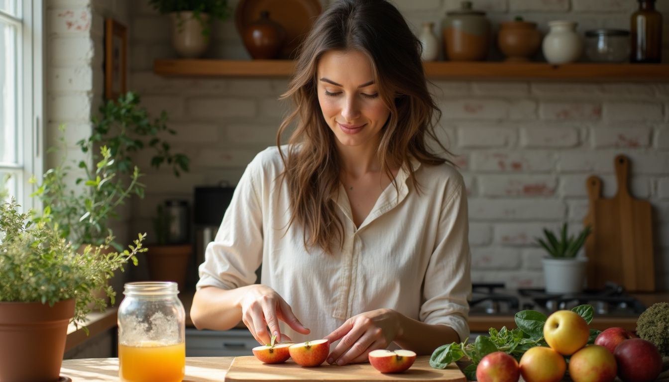 Preparing a simple salad dressing with apple cider vinegar and fresh apples at home. Preparing a simple salad dressing with apple cider vinegar and fresh apples at home.