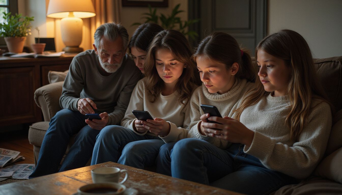 Friends in a living room looking at their phones and reacting to social posts. Friends in a living room looking at their phones and reacting to social posts.