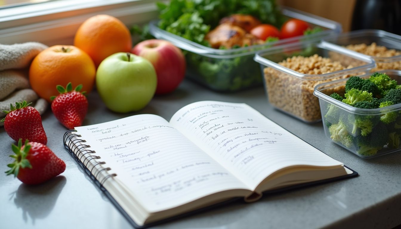 A bariatric diet journal with fresh fruit and labeled meal prep containers. A bariatric diet journal with fresh fruit and labeled meal prep containers.