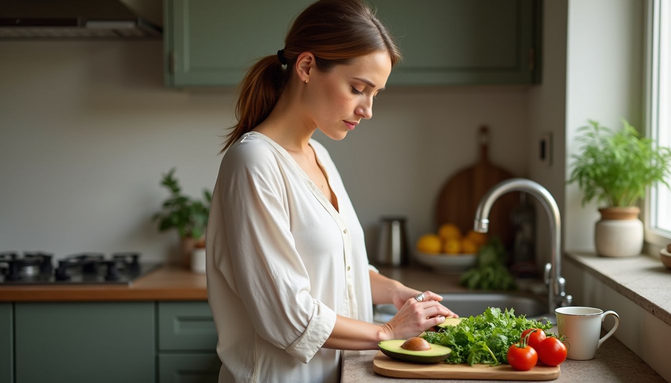 A home cook washing and chopping fresh produce for a balanced meal. A home cook washing and chopping fresh produce for a balanced meal.