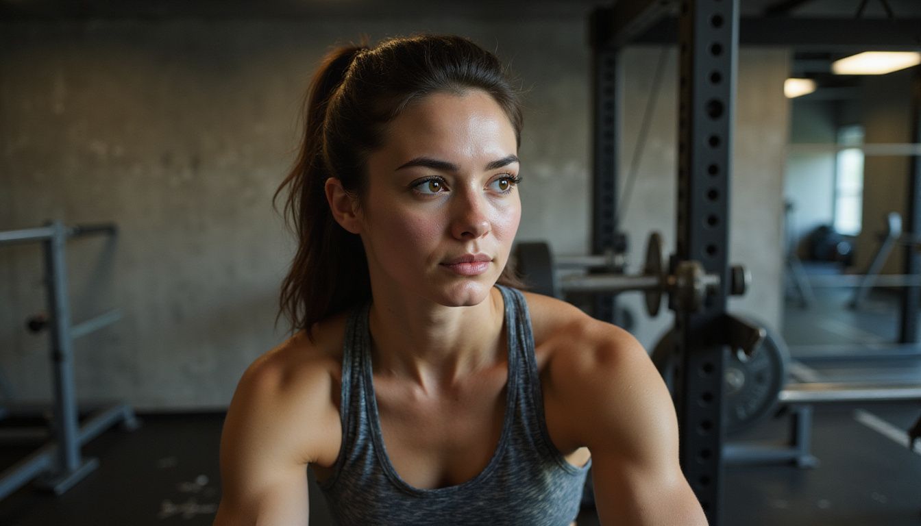 Focused woman training in a realistic gym setting with free weights. Focused woman training in a realistic gym setting with free weights.