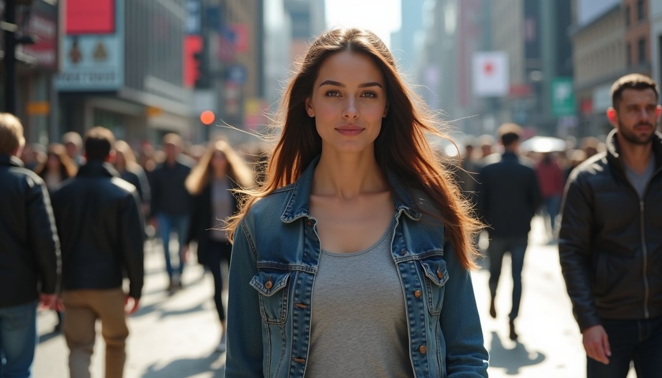 A young model walking quickly through a busy city street. A young model walking quickly through a busy city street.