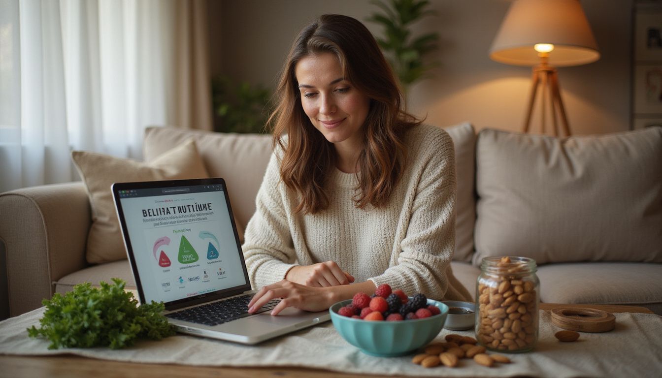A woman studies nutrition tips on a laptop while planning meals.