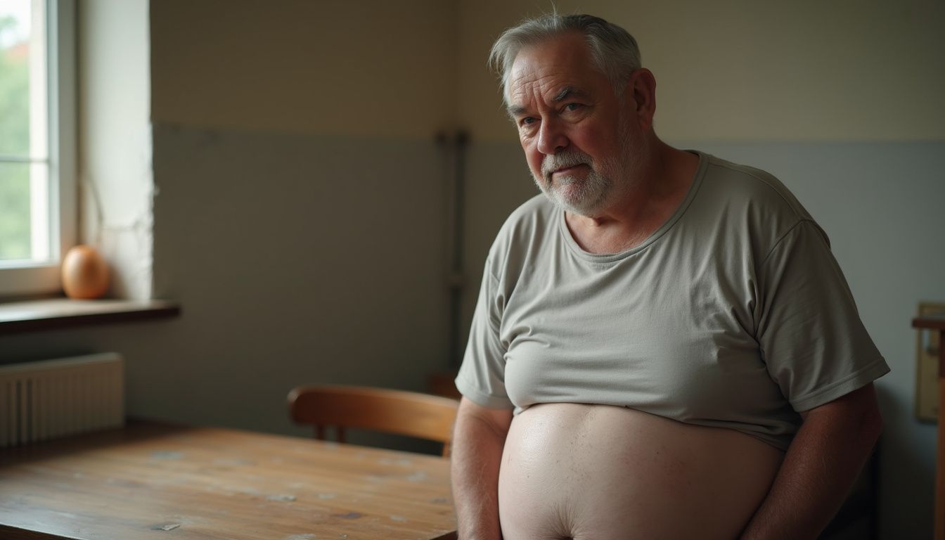 Middle-aged man resting outdoors, showing natural midsection. Middle-aged man resting outdoors, showing natural midsection.