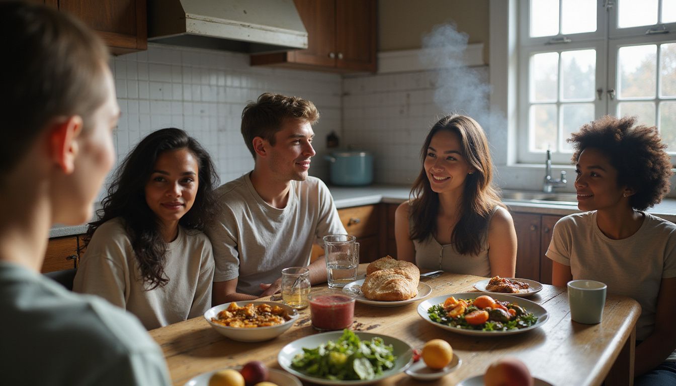 Friends sharing a wholesome, calorie-dense meal at a wooden table.