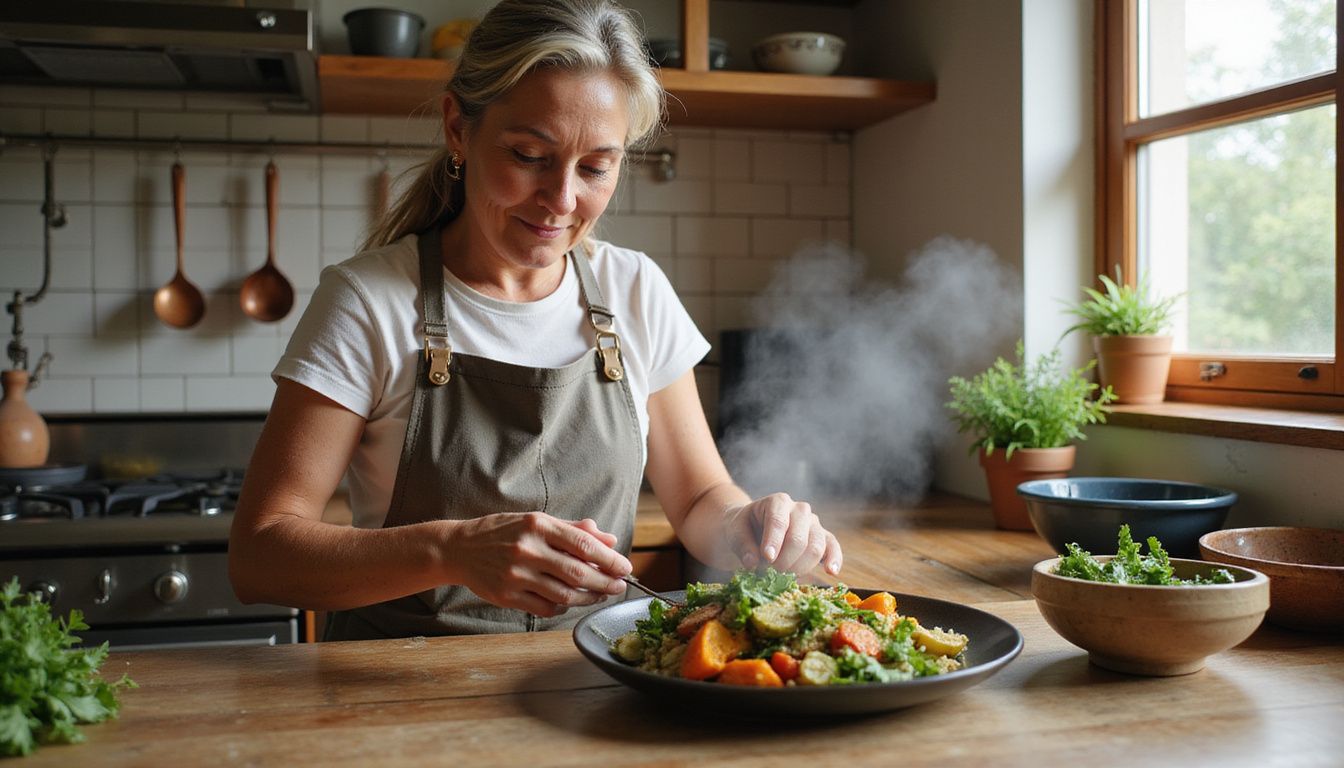 Woman plating a colorful salad with grains and greens. Woman plating a colorful salad with grains and greens.