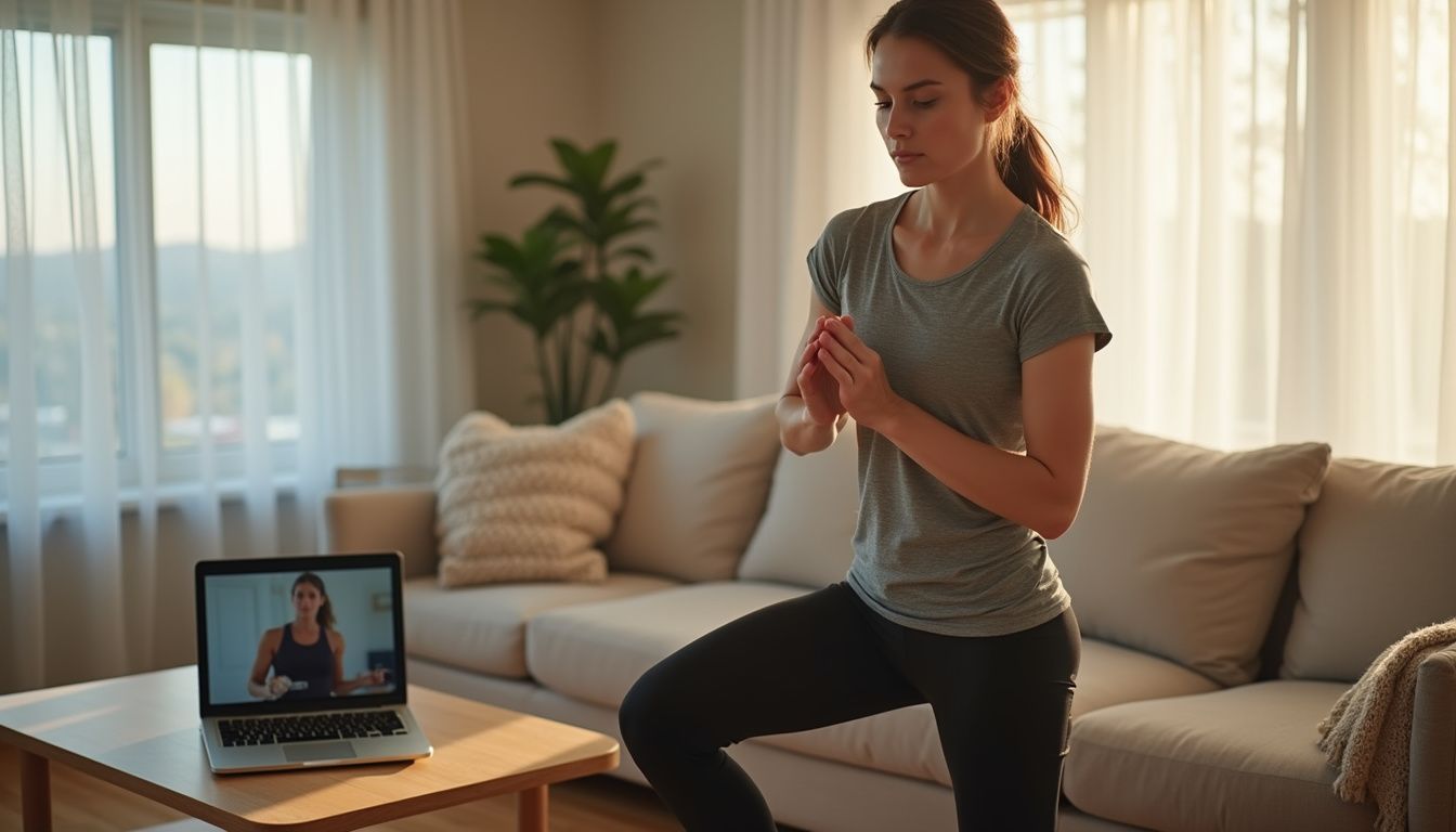 Woman exercising comfortably in a tidy living room with natural light.
