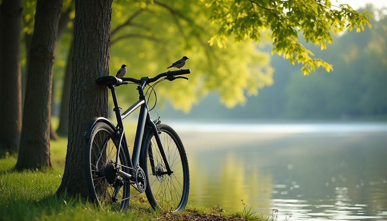 Bicycle parked near a calm lake at sunrise Bicycle parked near a calm lake at sunrise