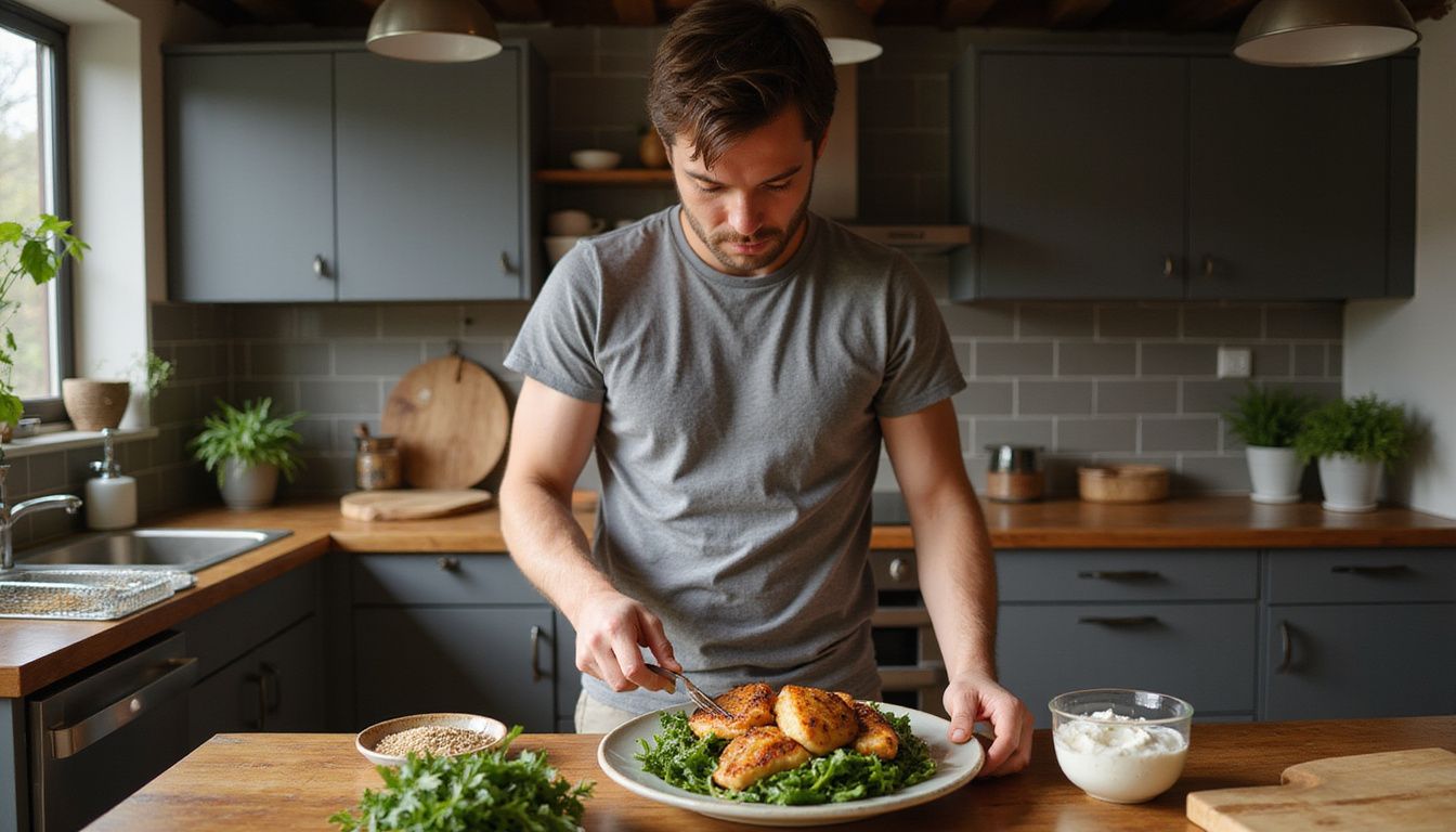 A focused man preps a balanced meal in a home kitchen.
