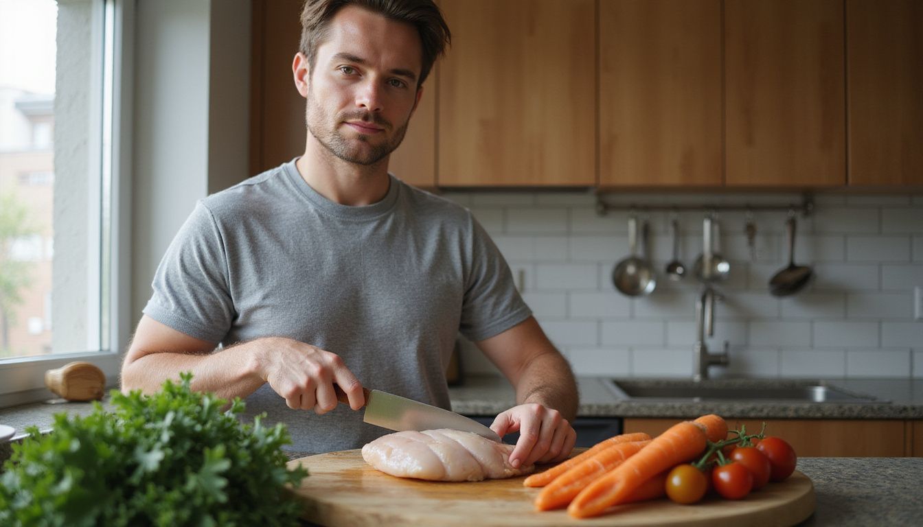 A man slicing chicken and vegetables for a healthy meal prep.