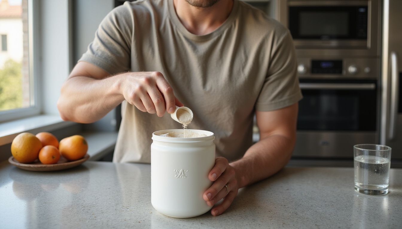 Hands pouring protein powder into a shaker bottle beside milk and fruit.